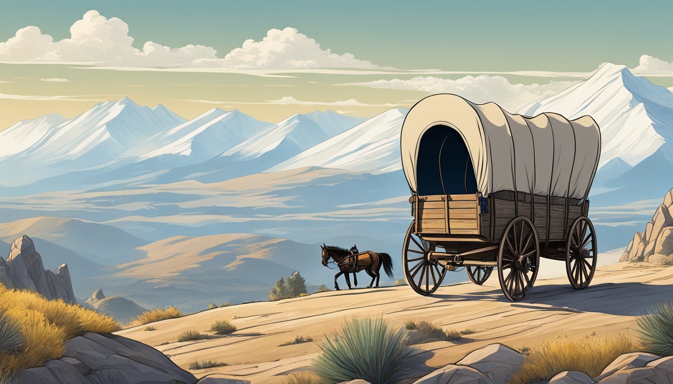 A covered wagon traverses a rugged landscape, with towering mountains in the distance and a clear blue sky overhead