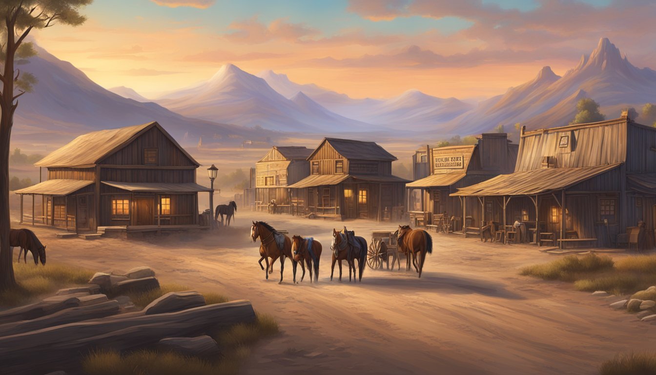 A dusty frontier town at sunset, with wooden buildings, dirt roads, and a saloon. Horses tied up outside, and a rugged landscape in the background