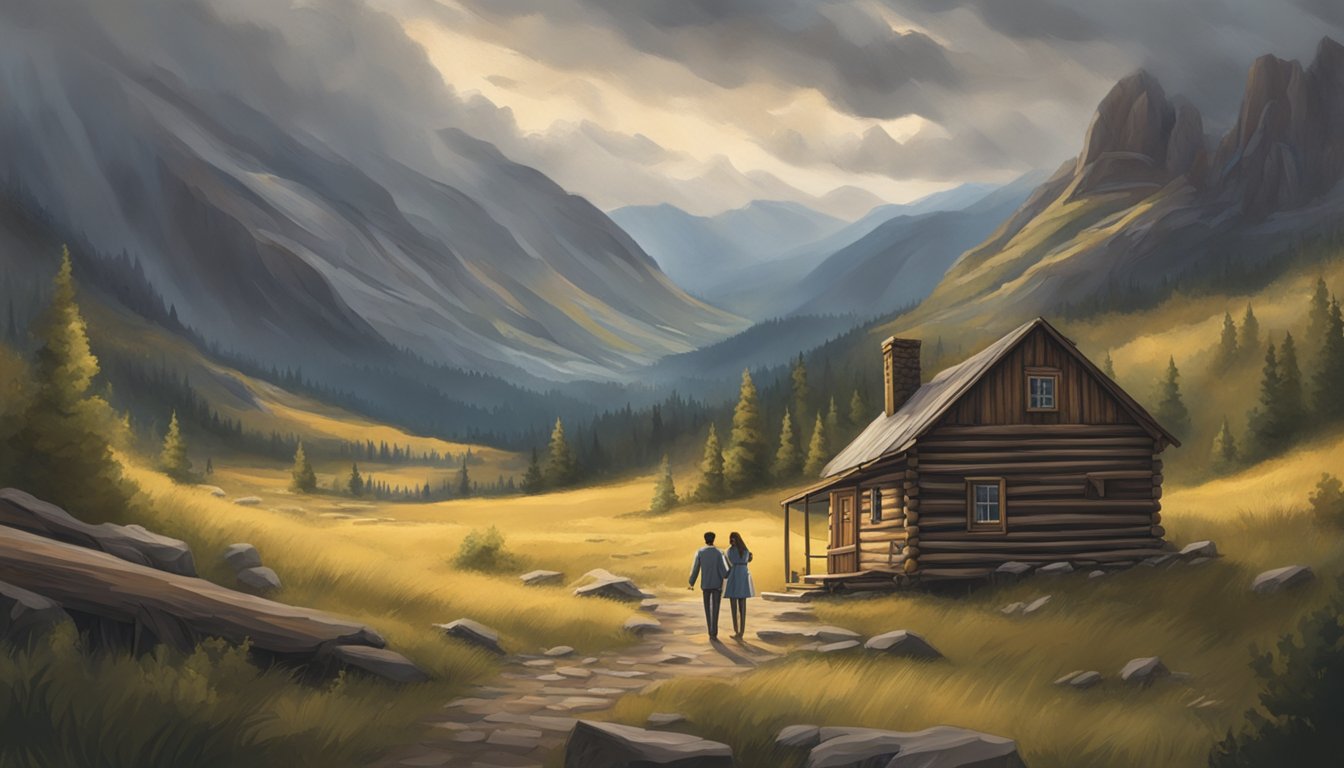 A young couple embraces under a stormy sky, surrounded by rugged terrain and a small, rustic cabin. Their love is evident despite the challenges they face