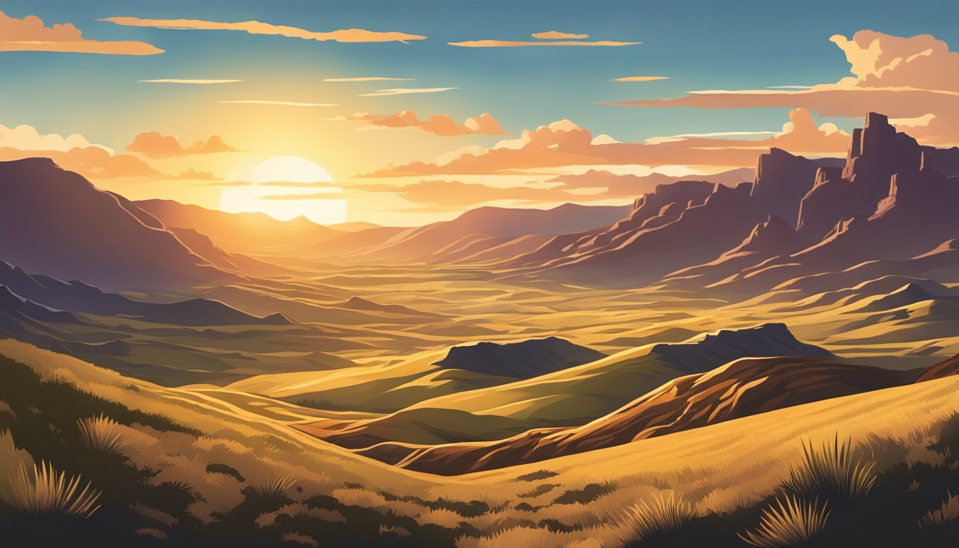 A panoramic view of a rugged Wild West landscape, with a dramatic sunset casting long shadows over rolling hills and distant mountains