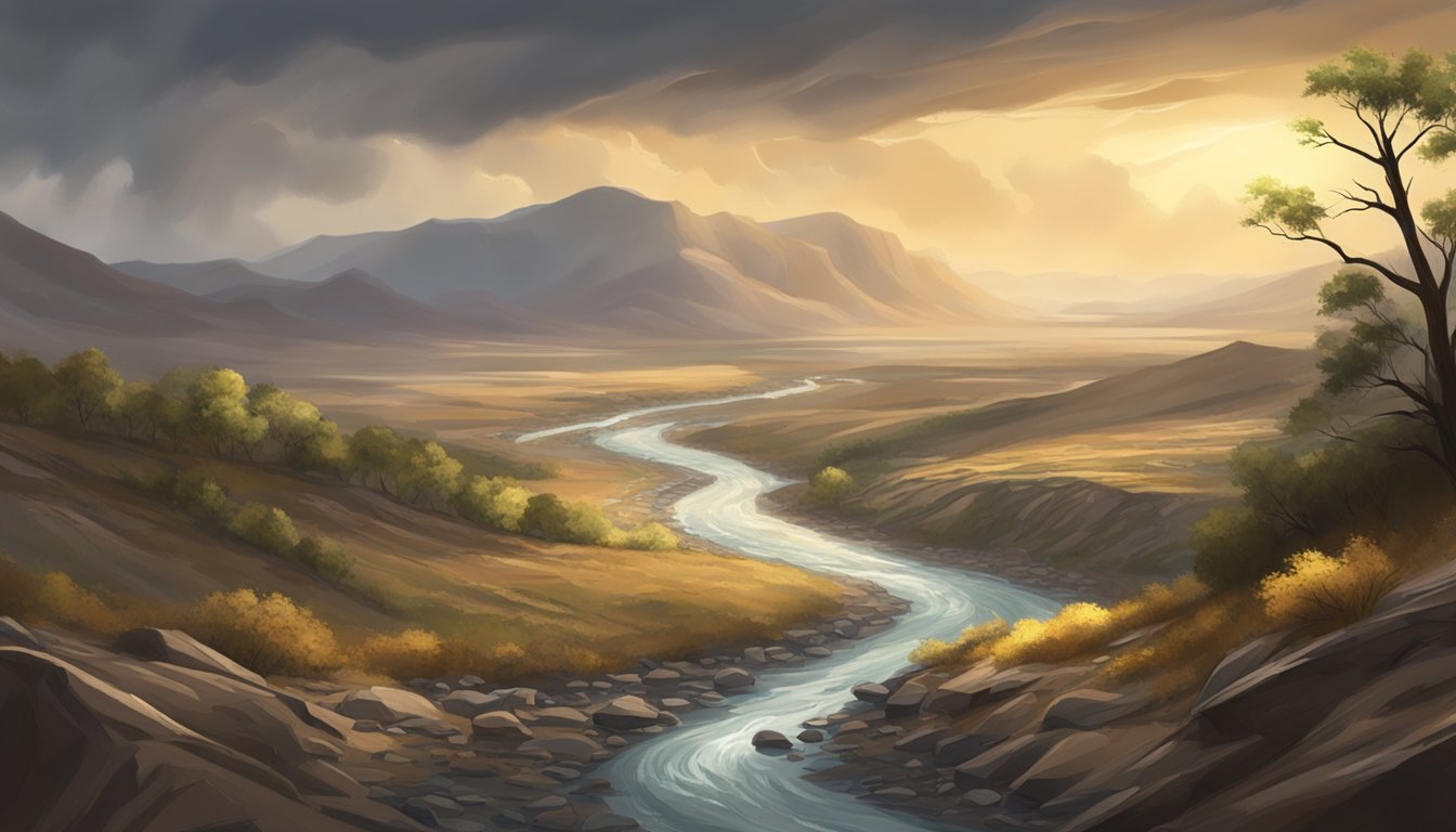 A dusty trail winds through rugged terrain, with a river flowing nearby. A storm brews in the distance, casting a dramatic light over the landscape