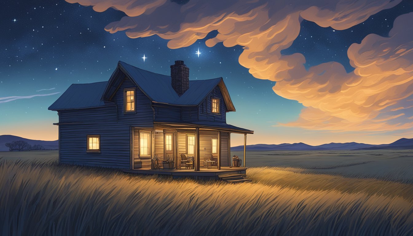 A vast, untamed prairie stretches out beneath a starry night sky, with a lone homestead and flickering campfires in the distance