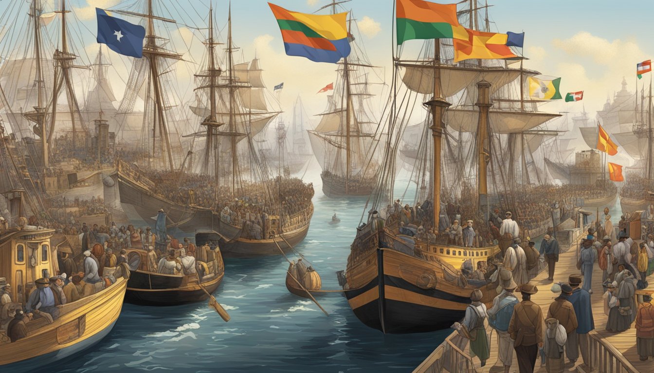 A crowded port with diverse ships and people, flags and languages, symbolizing cultural and communication barriers for immigrants in "1883"