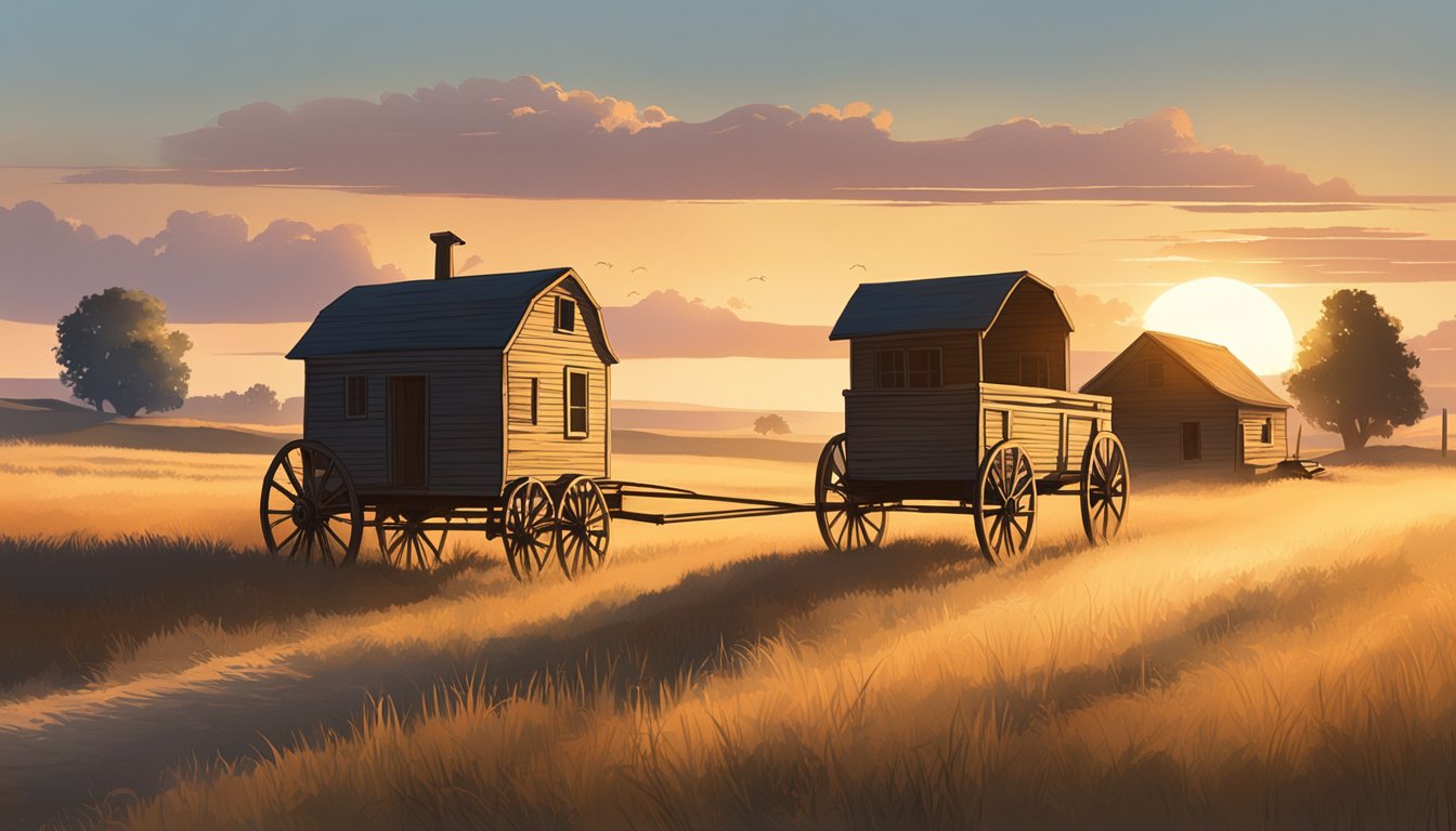 A dusty wagon rolls through prairie grass, with a small homestead in the distance. A setting sun casts a warm glow over the scene