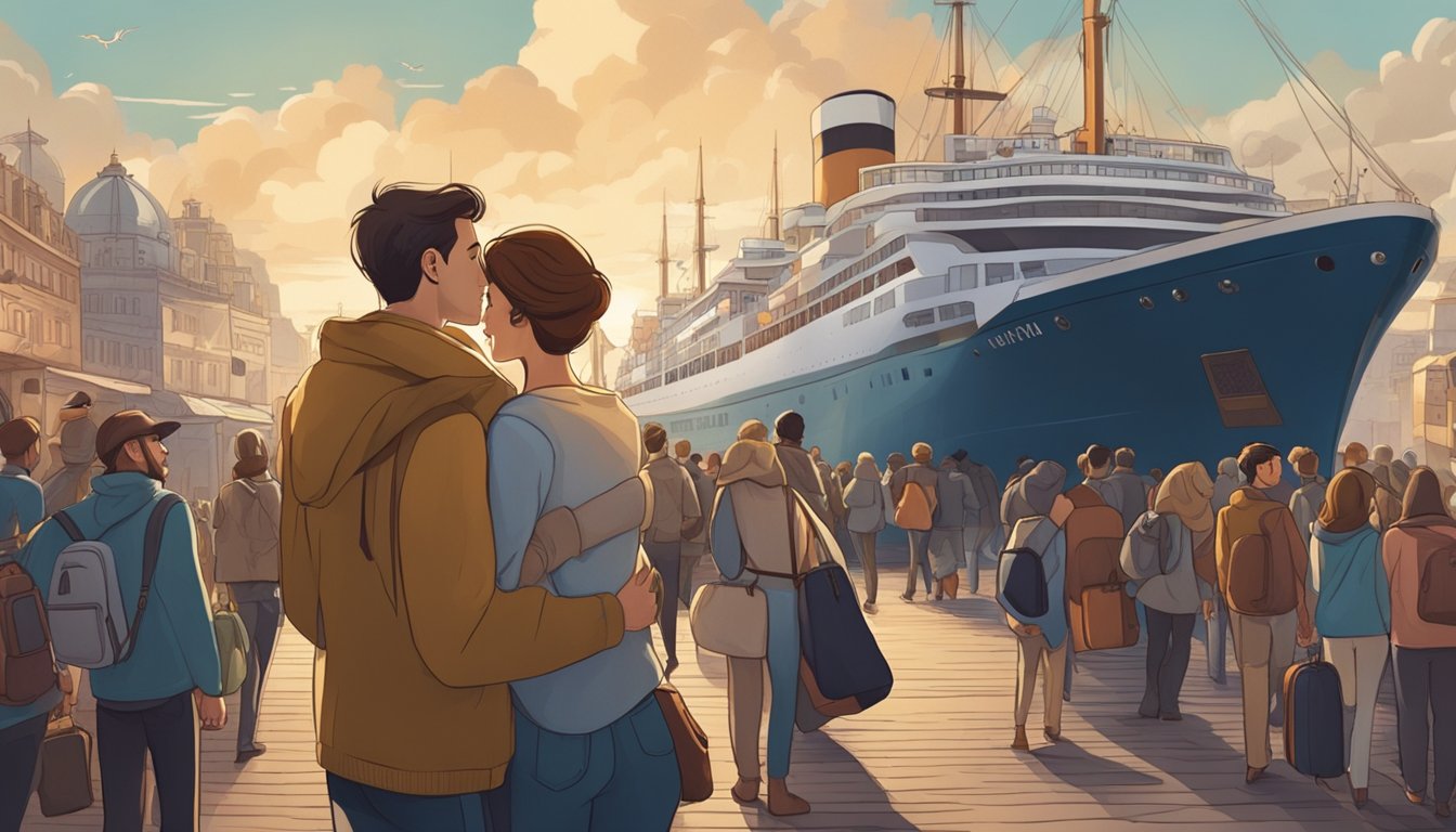 A young couple embraces in a crowded port, surrounded by luggage and bustling activity. The ship looms in the background, ready to carry them to a new life