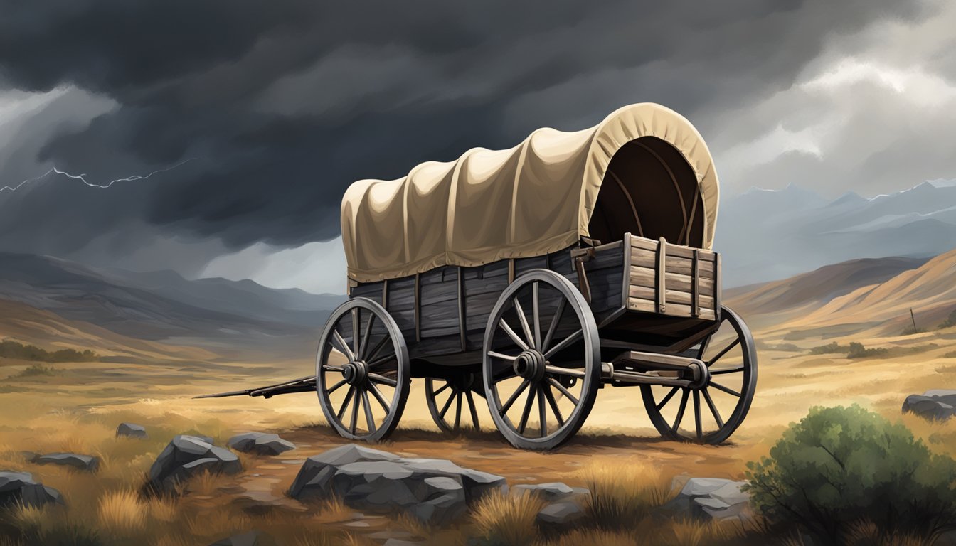 A covered wagon travels through rugged terrain, with a stormy sky overhead and a sense of determination in the air