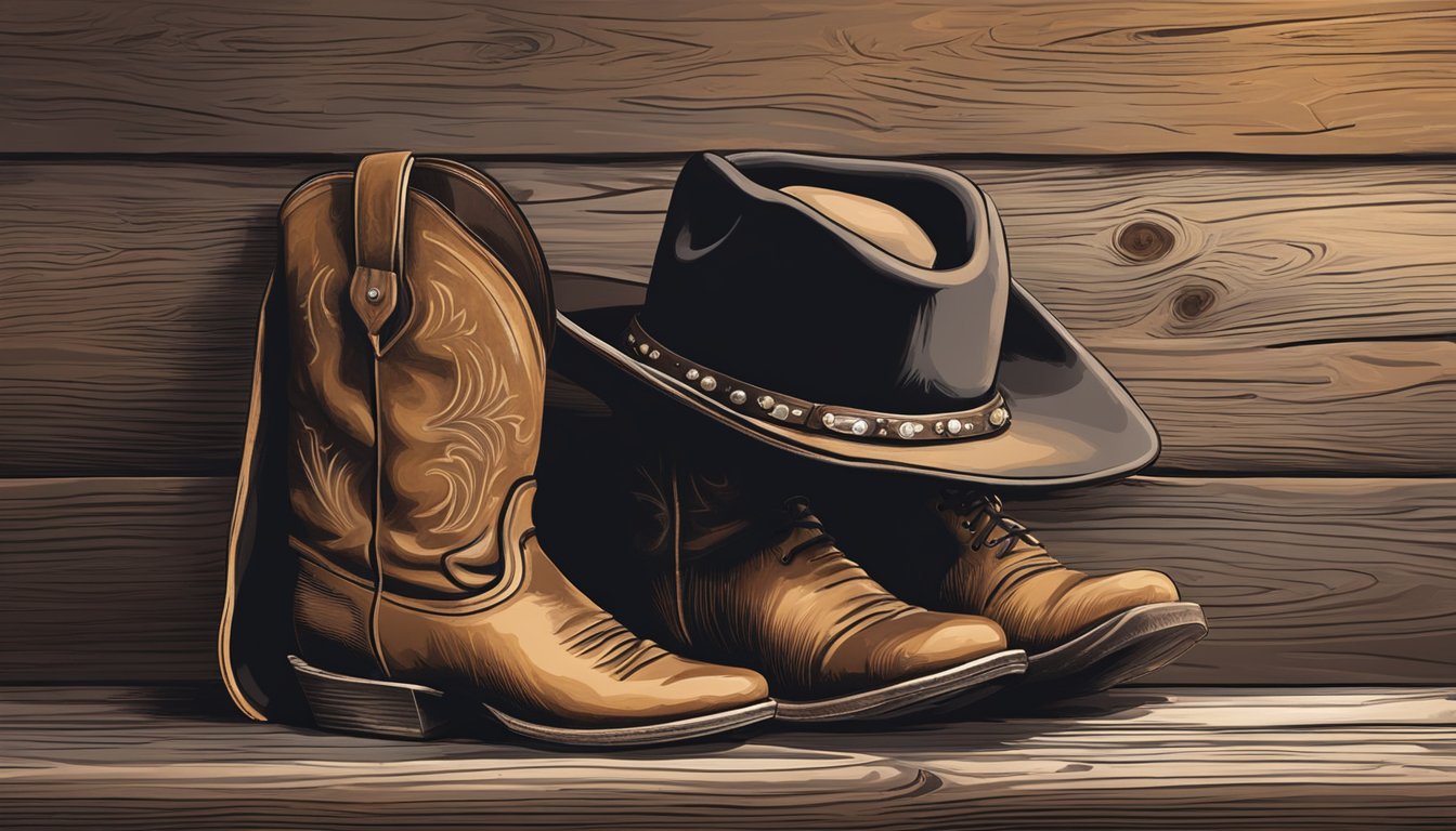 A cowboy hat and a pair of worn leather boots sit on a weathered wooden chair next to a dusty old saddle