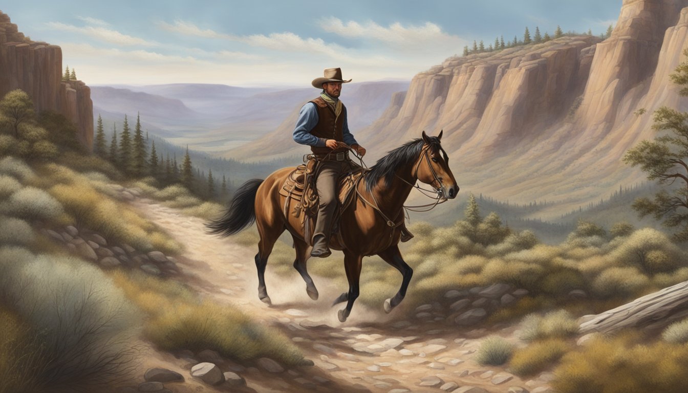 A cowboy riding a horse on a rugged trail in the late 1800s. The horse is equipped with traditional leather saddle and reins