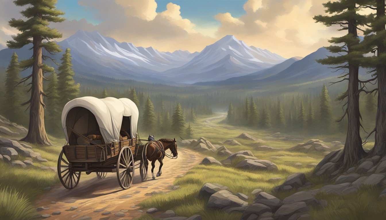 A covered wagon struggles through rugged terrain, surrounded by towering mountains and dense forests. The sky is ominous, hinting at the psychological challenges faced by pioneers on the Oregon Trail in 1883