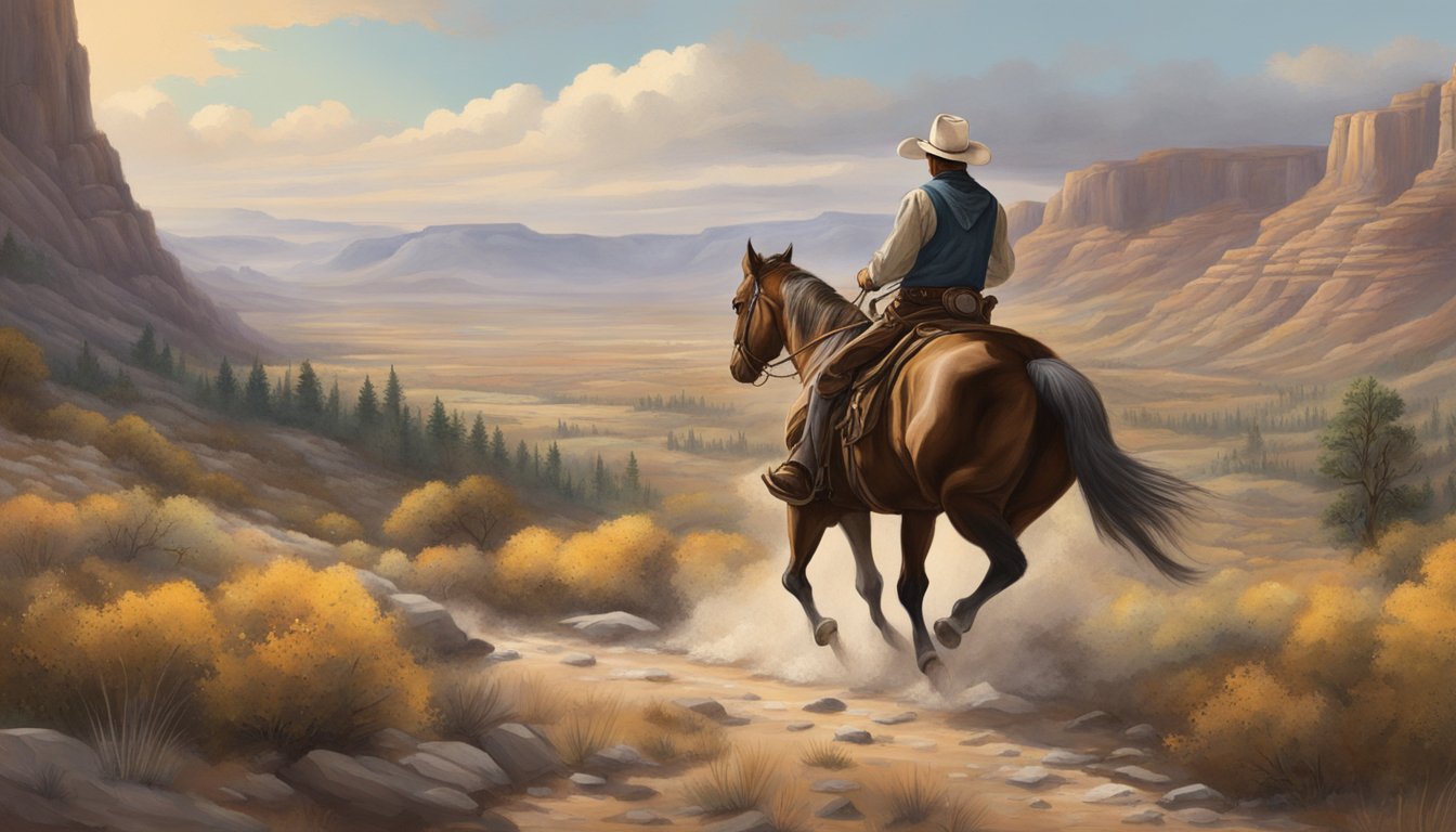 A cowboy expertly guides a spirited horse through a rugged western landscape, showcasing authentic 1883 riding techniques