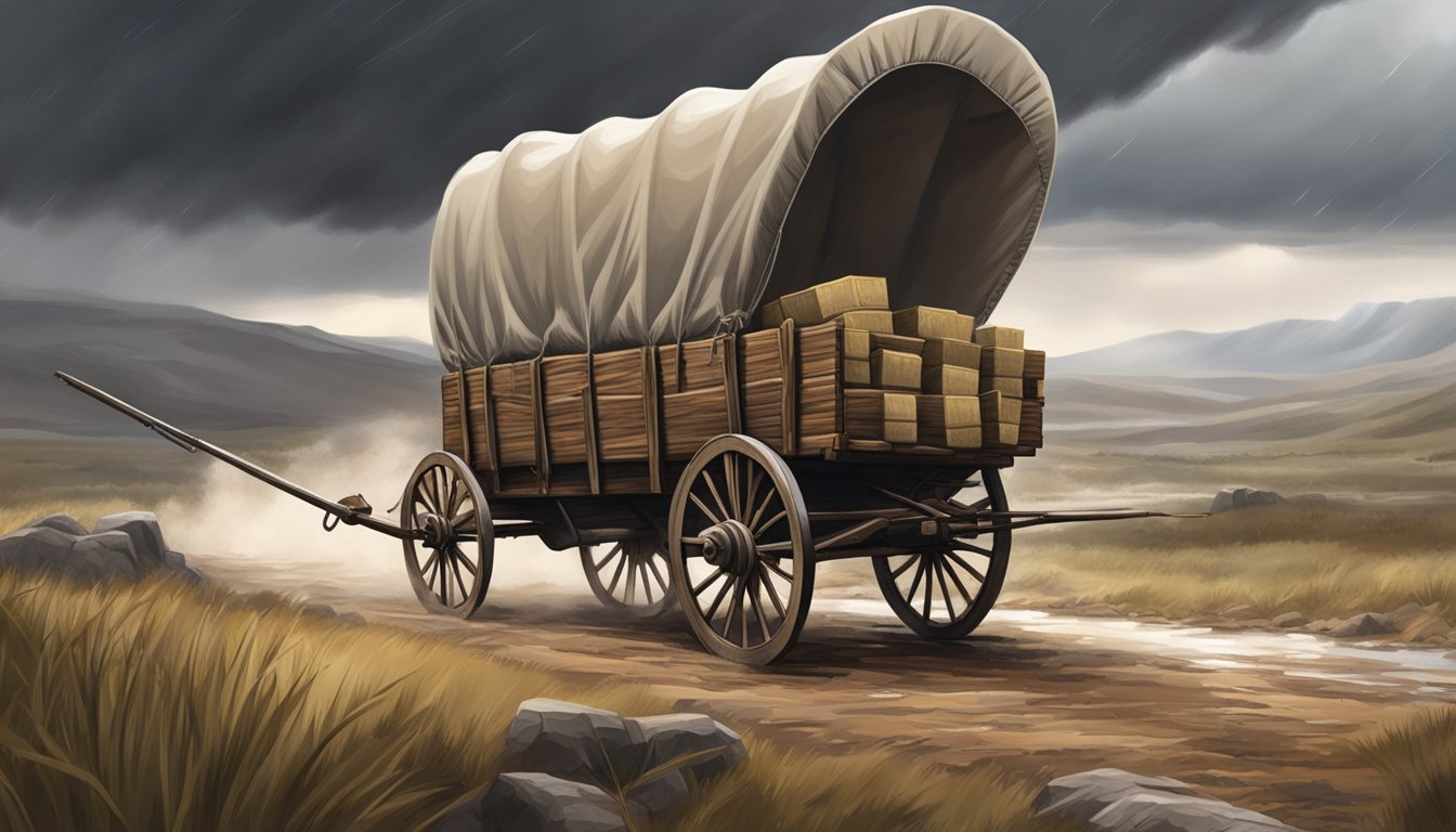 A covered wagon navigates rugged terrain with supplies strapped to its sides, while a storm brews in the distance