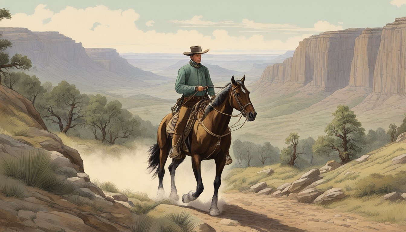 A rider in a wide-brimmed hat guides a horse through rugged terrain, demonstrating historical horseback riding techniques from the 1880s