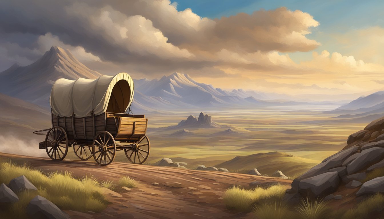 A covered wagon traversing rugged terrain, surrounded by vast open landscapes and a dramatic sky