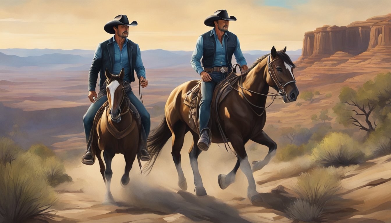 Tim McGraw as James Dutton riding a horse through a rugged Western landscape