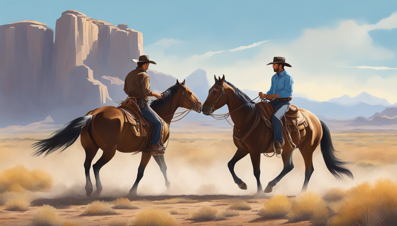 A cowboy training a horse in a dusty, open field with a backdrop of rugged mountains and a clear blue sky