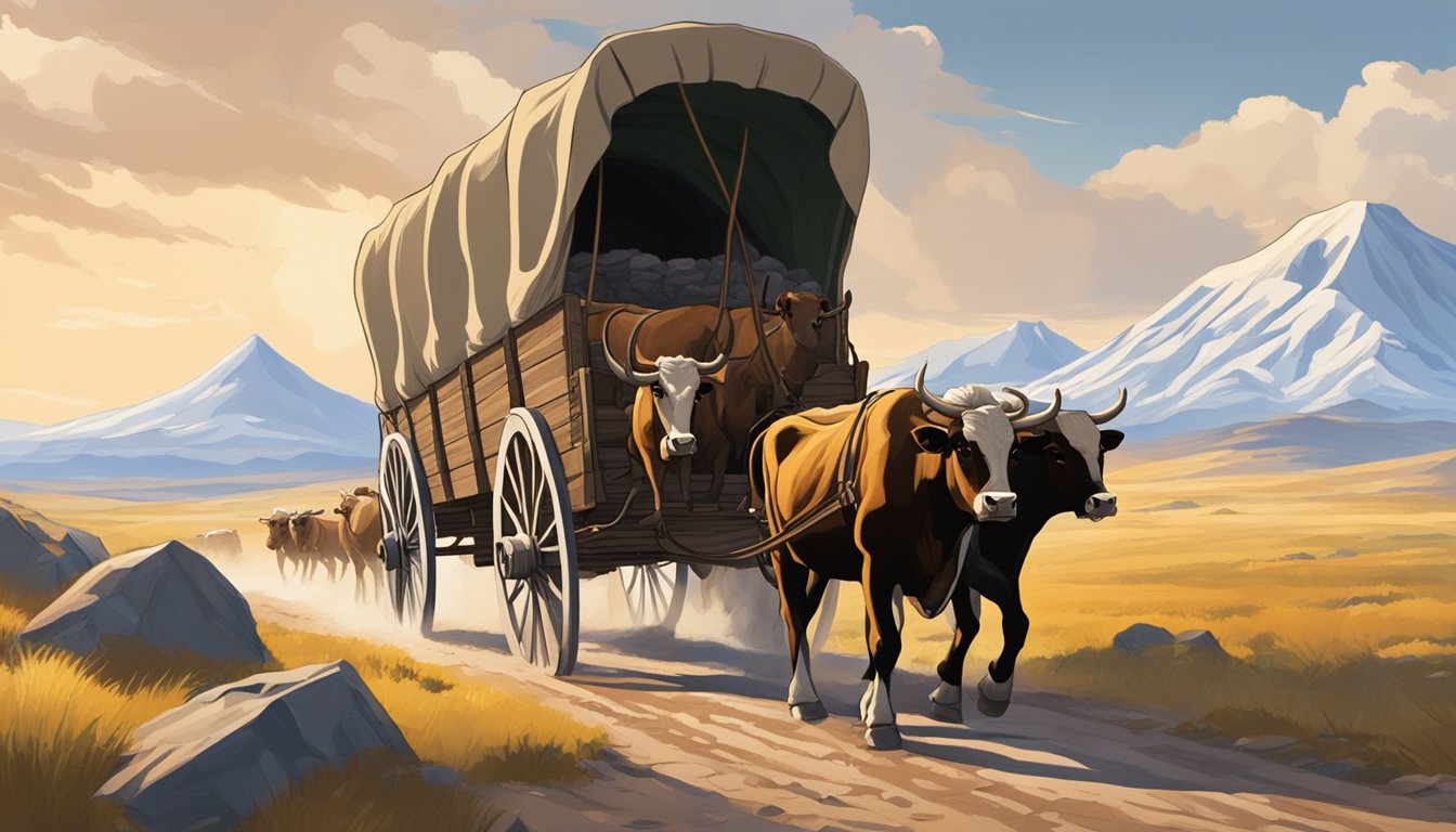 A covered wagon travels through rough terrain, pulled by a team of oxen. The harsh landscape of the Oregon Trail stretches out before it, with towering mountains in the distance