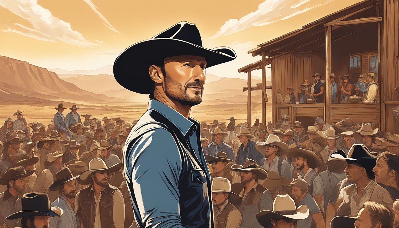 Tim McGraw performing on stage in a cowboy hat, surrounded by a rustic setting with a backdrop of the American West