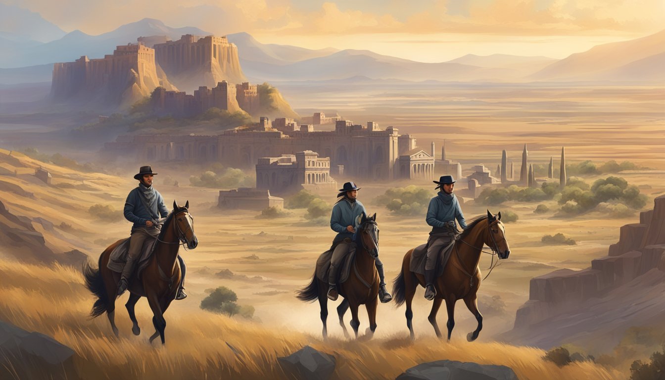 A group of riders on horseback navigating rugged terrain with a backdrop of historical buildings and a vast open landscape