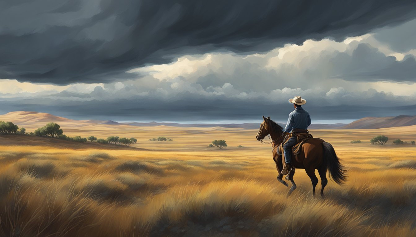 A rugged cowboy on horseback rides through a vast open prairie, with a stormy sky looming in the background