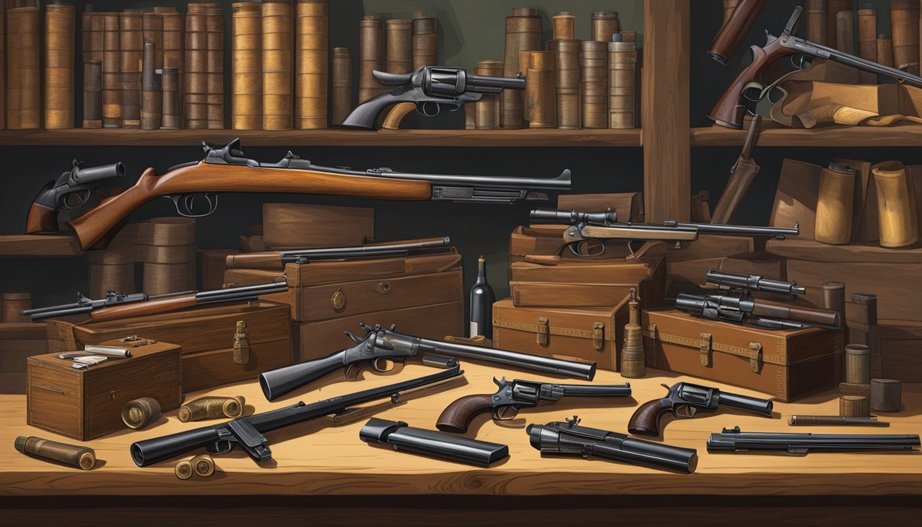 A table displays an array of late 19th-century firearms, including revolvers, rifles, and shotguns. A nearby stack of ammunition boxes completes the historical setting