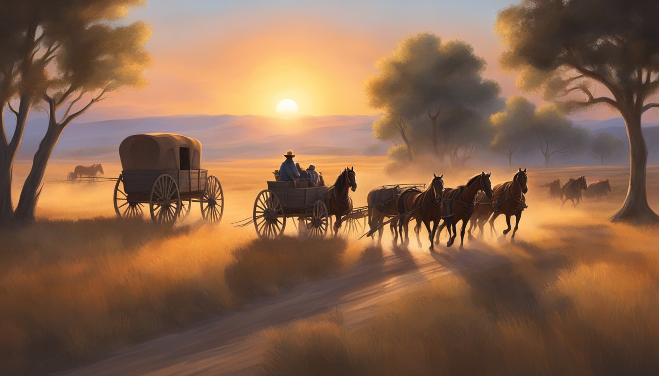 A dusty, open prairie stretches out before a lone covered wagon, pulled by a team of horses. The sun sets on the horizon, casting a warm glow over the wild landscape