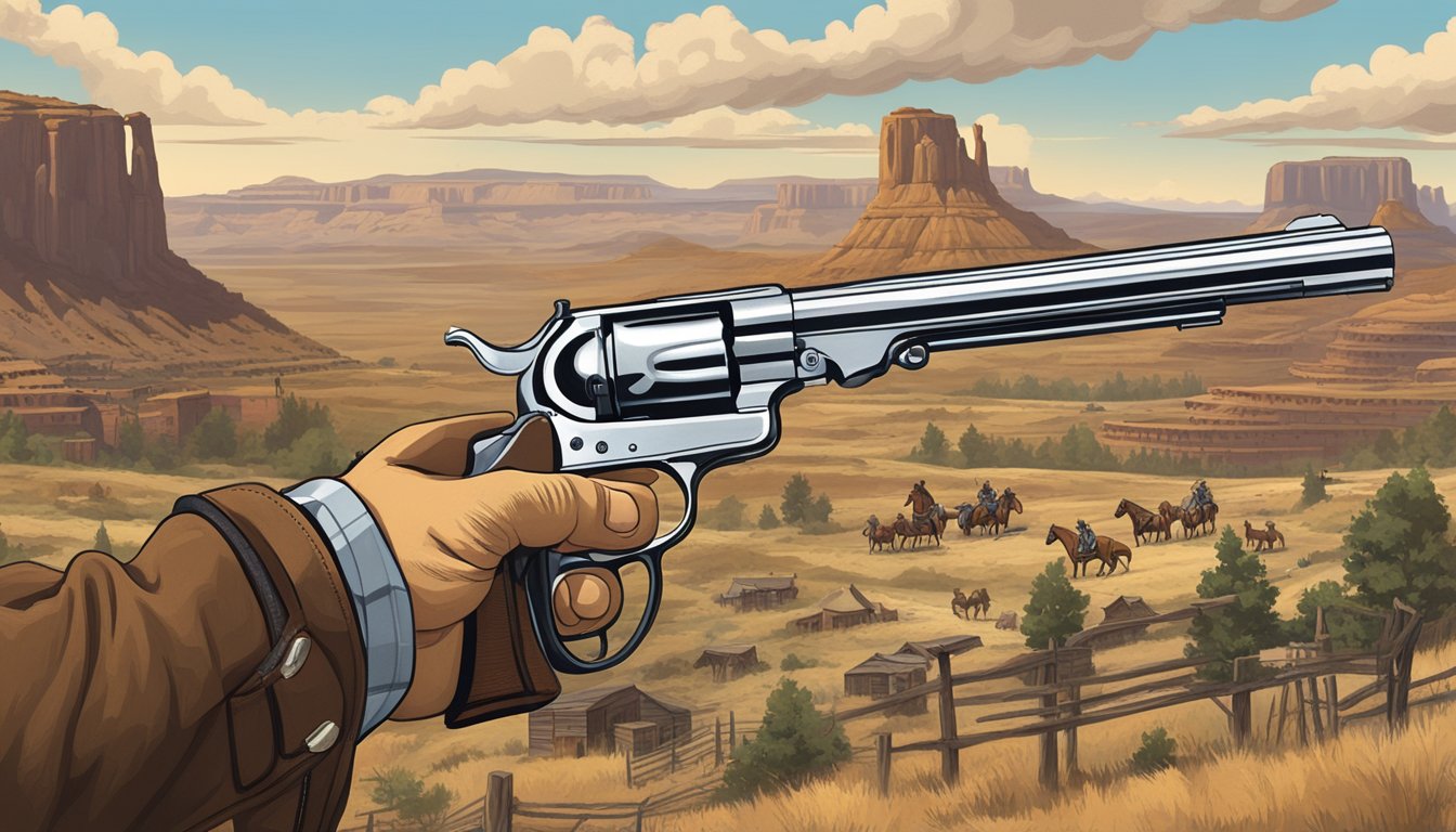 A cowboy's hand holds a Colt revolver, surrounded by period-accurate Western props and scenery