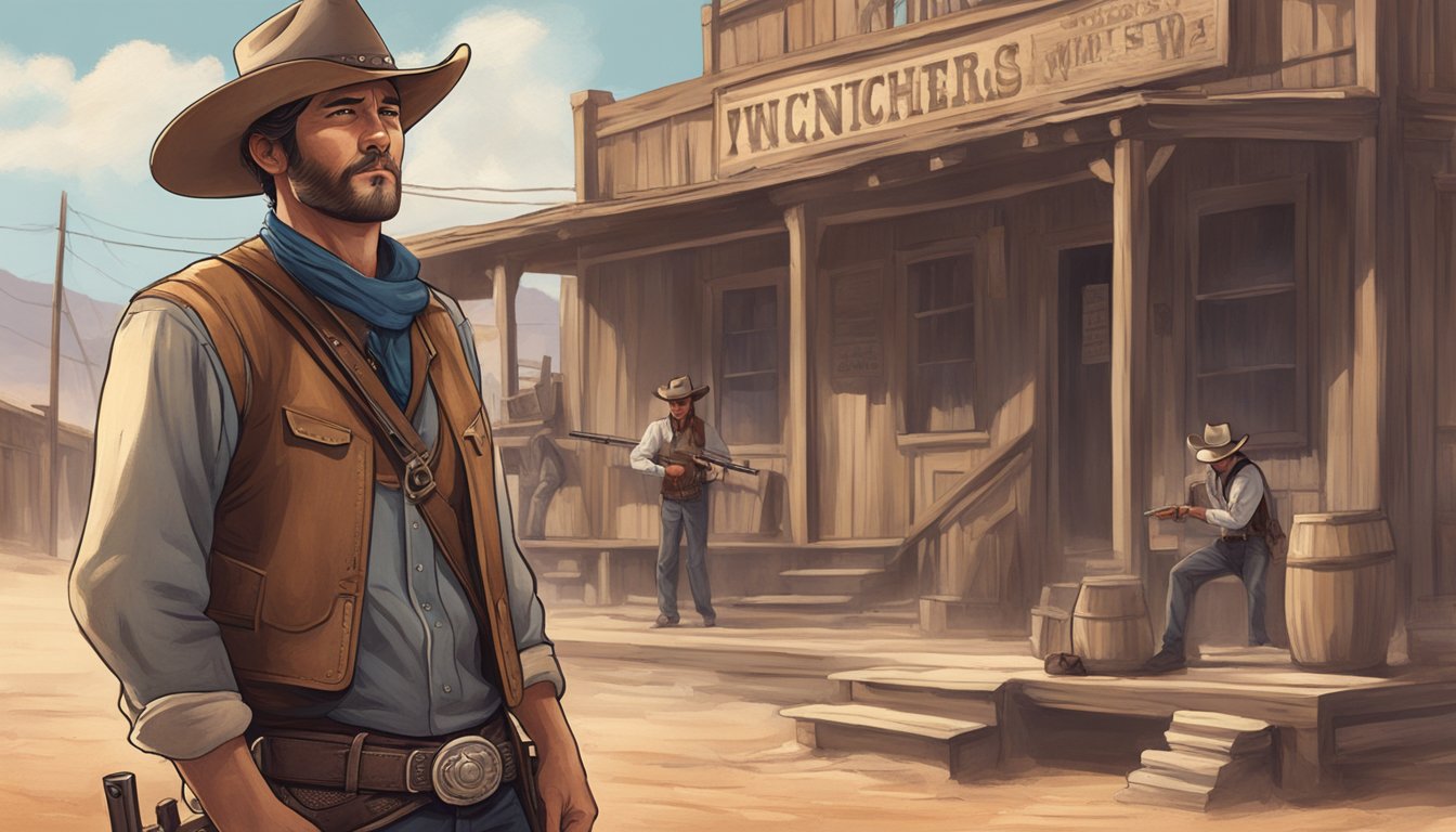 A cowboy holding a Winchester rifle in a dusty Wild West town