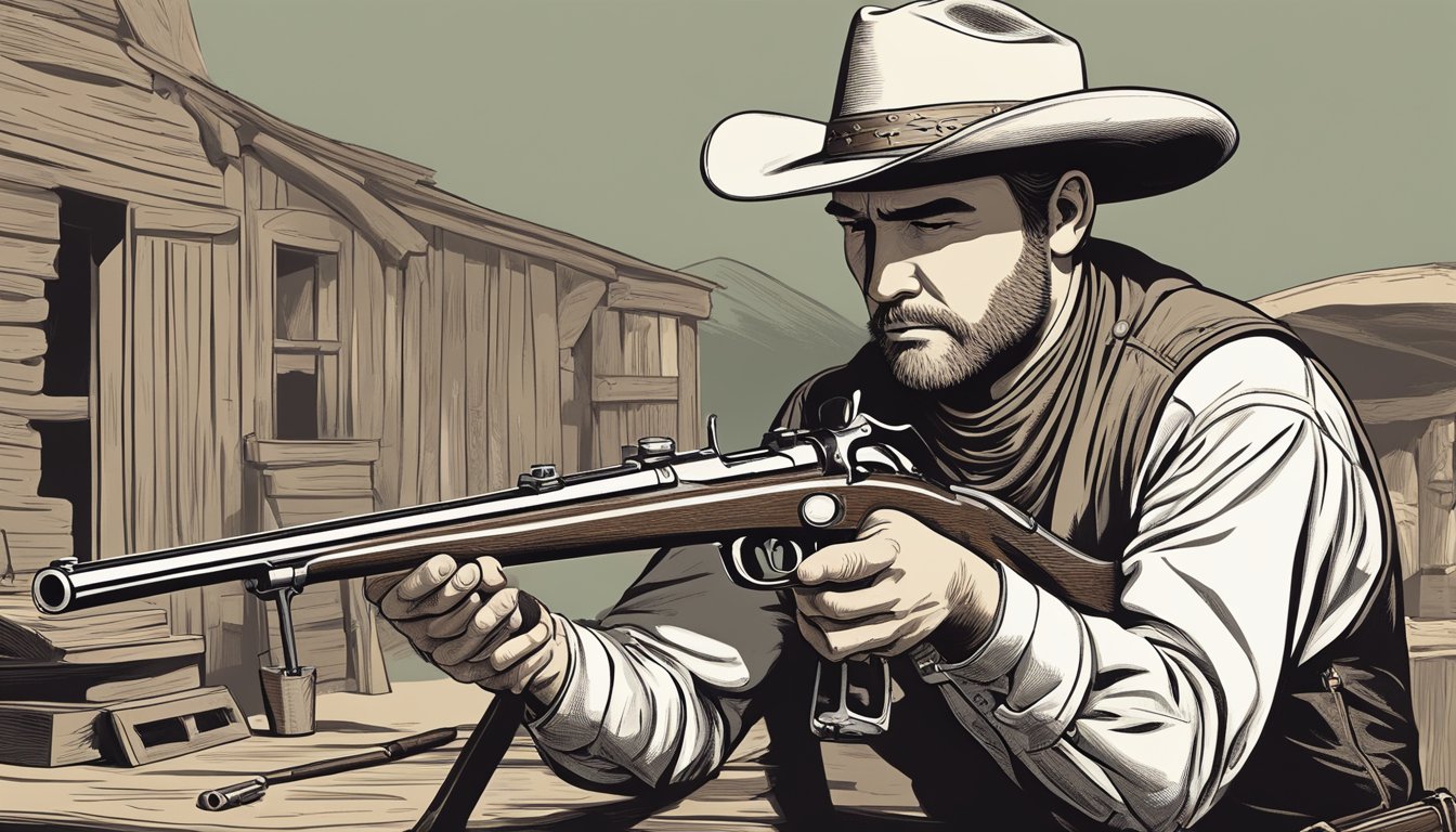 A cowboy carefully inspects a vintage rifle, comparing it to historical references and handling it with precision