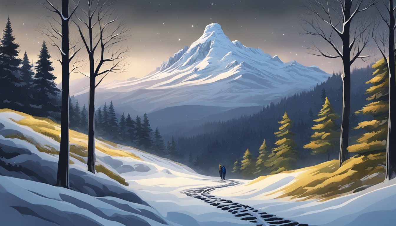 A snow-covered path winding through a dark forest, with a distant castle on a mountain peak