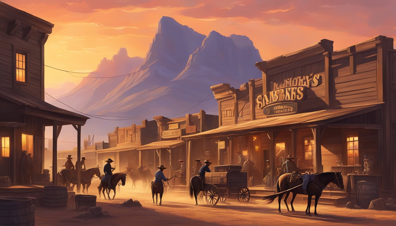 A dusty, bustling western town with a blacksmith's shop, saloon, and cowboys on horseback, set against a backdrop of rugged mountains and a fiery sunset