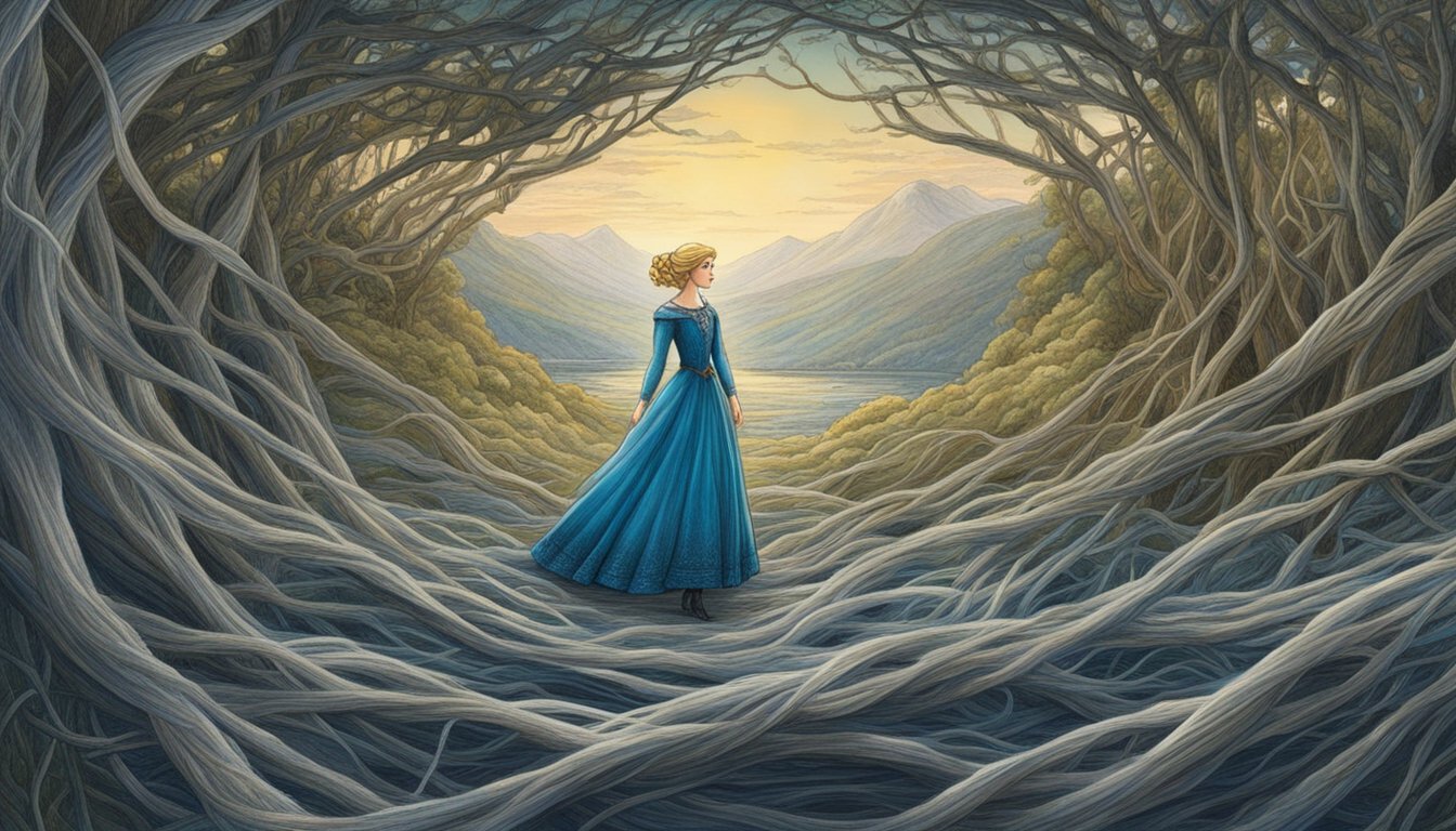 Elsa's narration in "1883" is depicted through a series of intertwining threads, symbolizing the literary devices she employs to captivate her audience