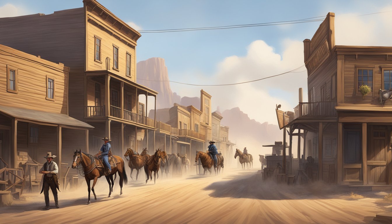 A dusty western town with wooden buildings, a saloon, and a sheriff's office. Horses tied to hitching posts, and cowboys walking the streets