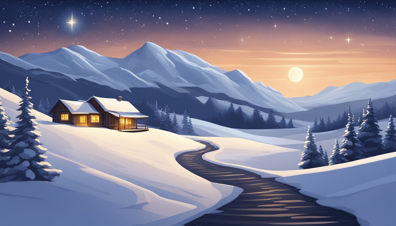 A snow-covered landscape with a lone cabin, a winding path, and a starry night sky