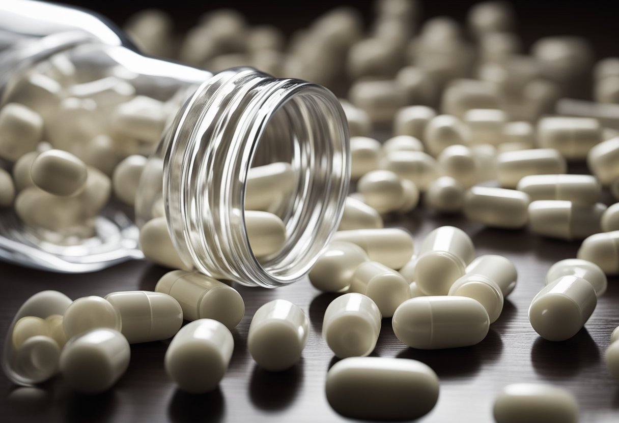 A plastic clear bottle spills white capsules