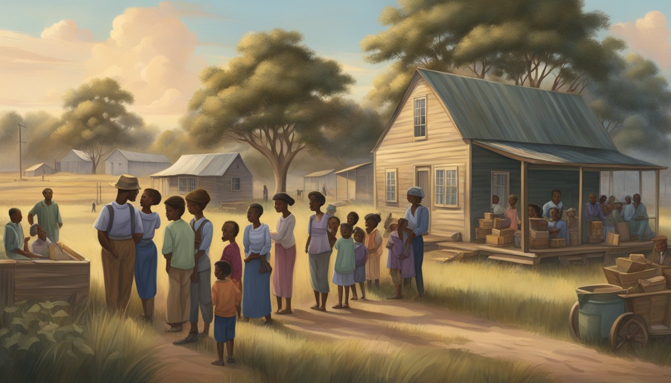 A group of African American families gather in a newly established community, surrounded by small cabins and farmland, symbolizing hope and freedom after the Civil War