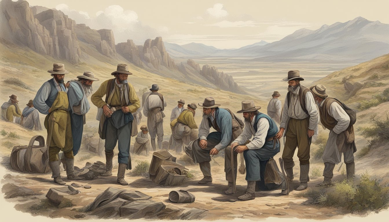 A group of weary pioneers on the trail, surrounded by the harsh landscape, tending to sick members suffering from various diseases