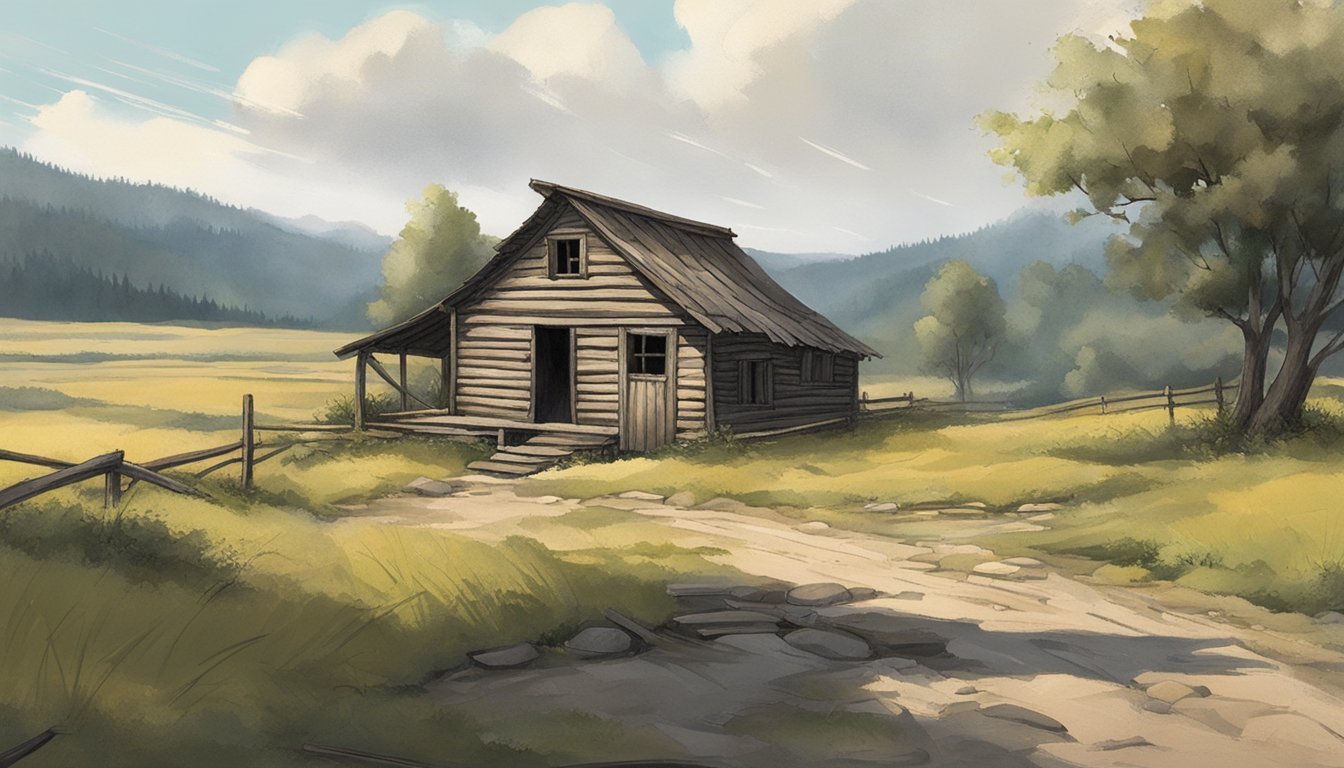 A rustic, rural landscape with a small, weathered cabin surrounded by fields and forests. A sense of struggle and resilience is evident in the worn structures and the vast, open expanse of land