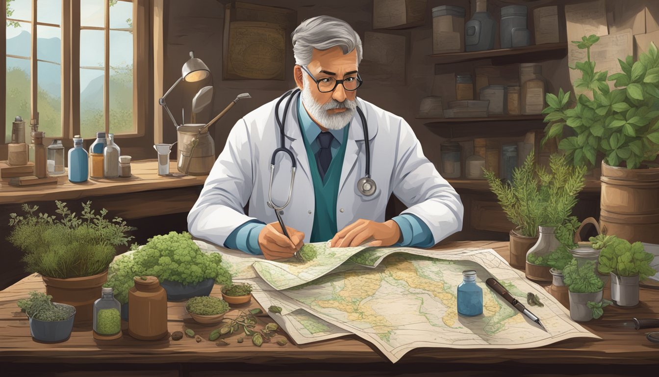 A doctor in a rustic setting, surrounded by medical tools and herbs, studying a map of the trail with a concerned expression