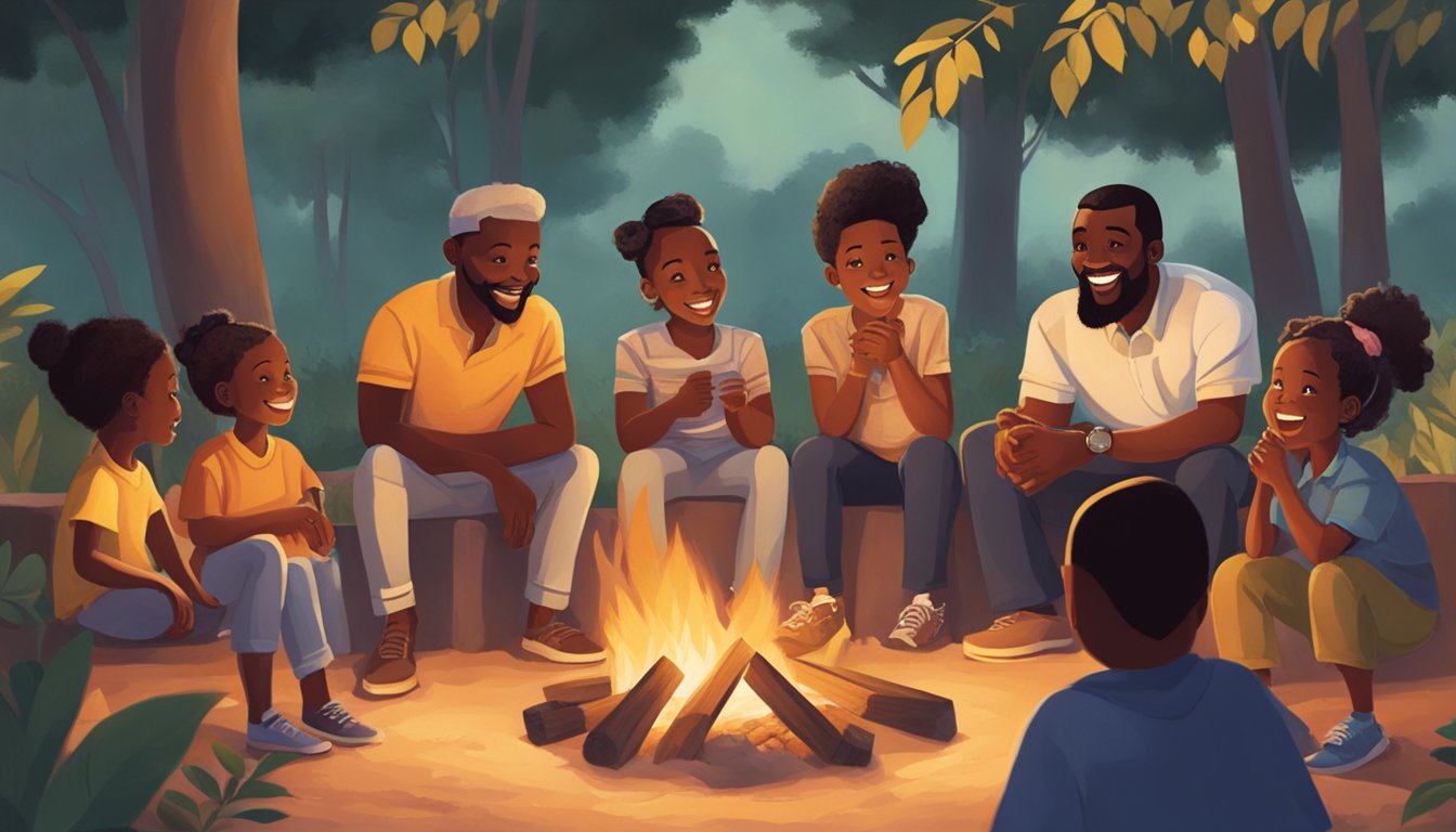 A group of African American men and women gather around a fire, sharing stories and laughter, while children play in the background