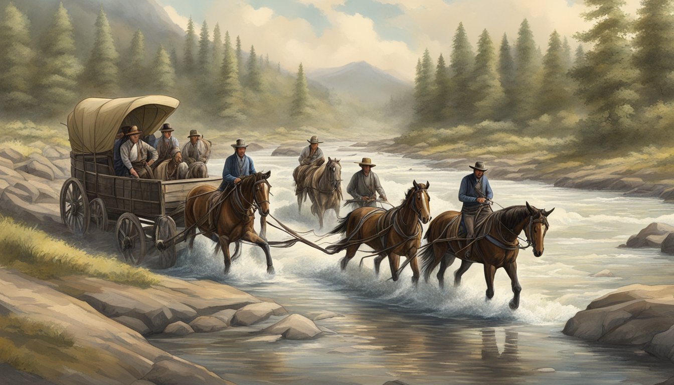 A treacherous river crossing with a wagon and team of horses in "1883"