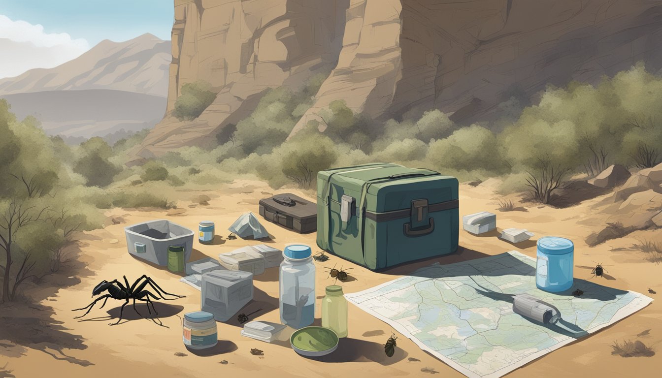 A dusty trail winds through rugged terrain, with a lone medical kit and a map laid out on a makeshift table. Surrounding the scene are ominous shadows of various disease-carrying insects and animals