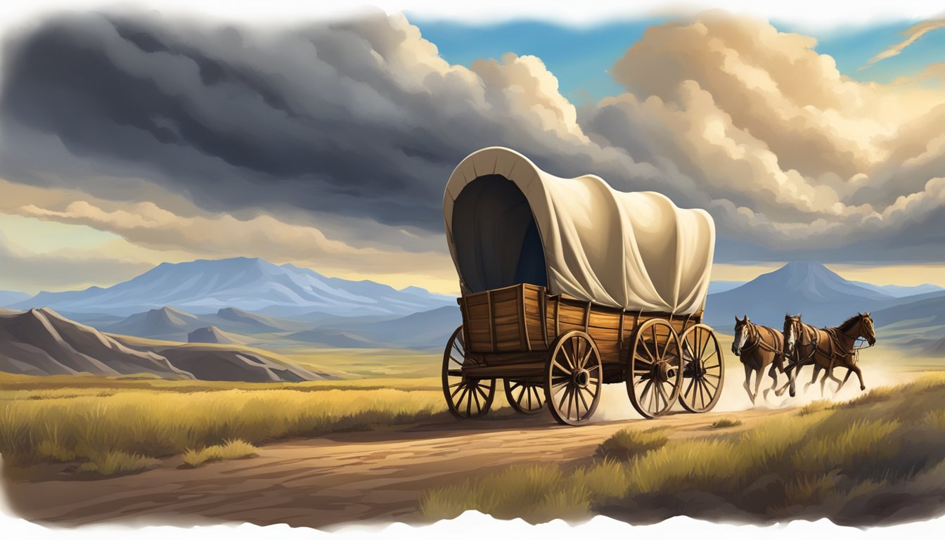 A lone covered wagon traverses the rugged Oregon Trail, surrounded by towering mountains and expansive prairies under a dramatic, stormy sky