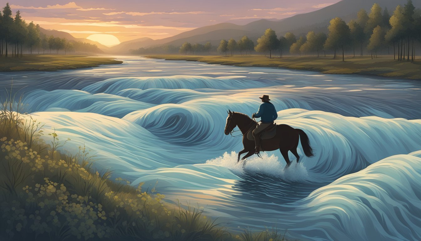 A narrow, treacherous river crossing at dusk, with a lone figure on horseback navigating the swirling currents