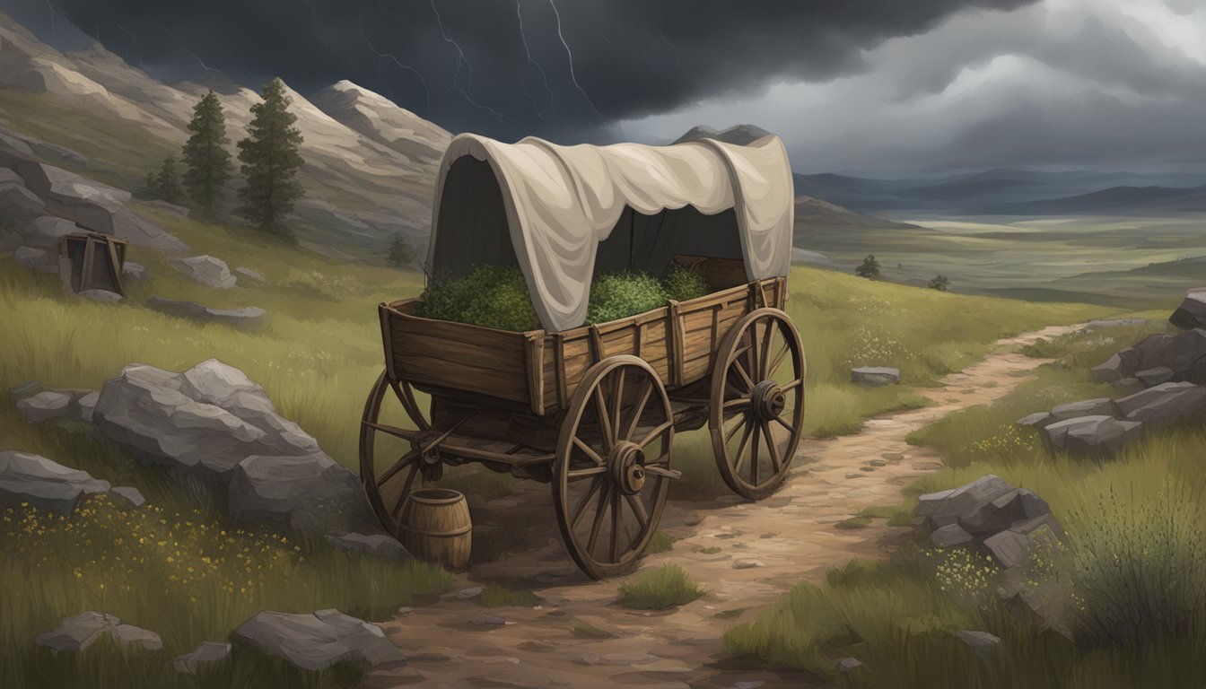 A lone covered wagon sits abandoned in the rugged terrain, surrounded by ominous storm clouds. A makeshift medical kit lays open, with various herbs and tinctures scattered about