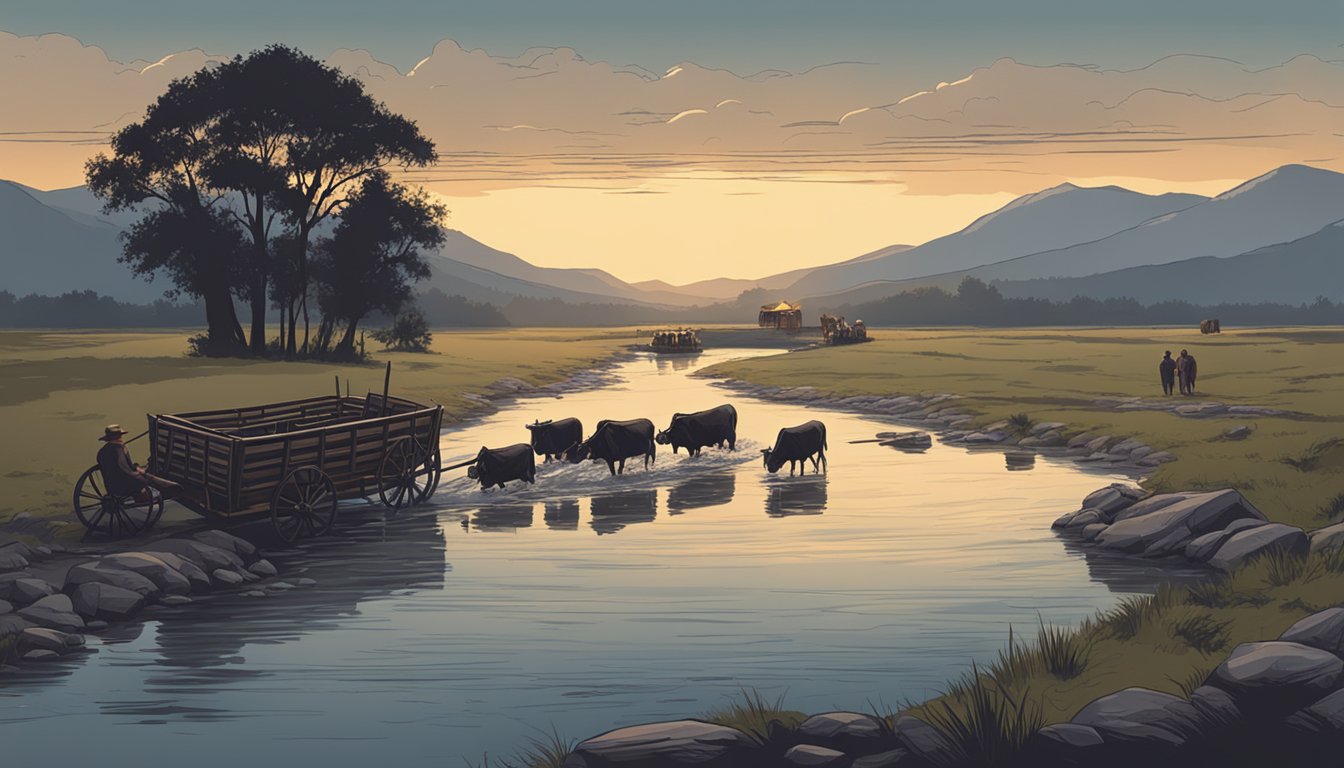 A treacherous river crossing at dusk, with a wagon sinking and struggling oxen