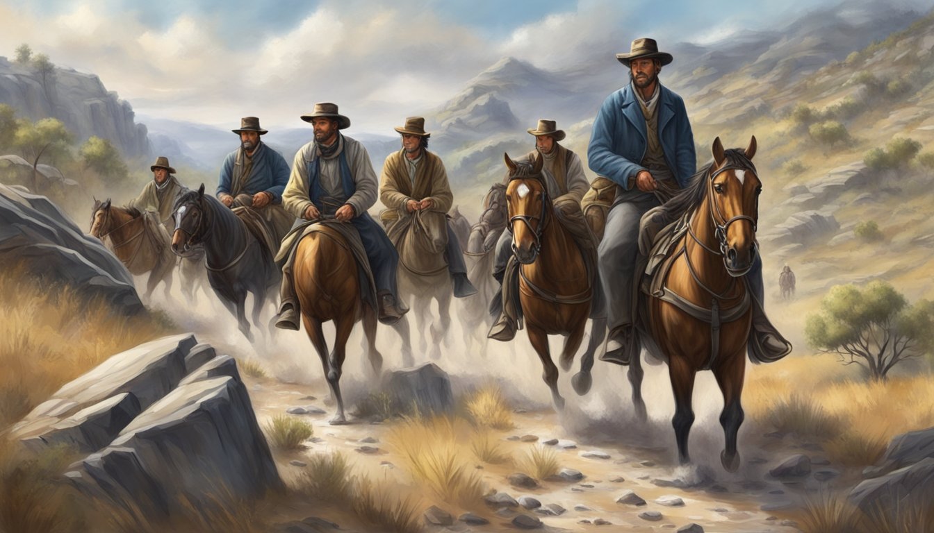 A group of settlers travel through rugged terrain, facing harsh weather and natural obstacles, as they seek a new life in the post-Civil War American West