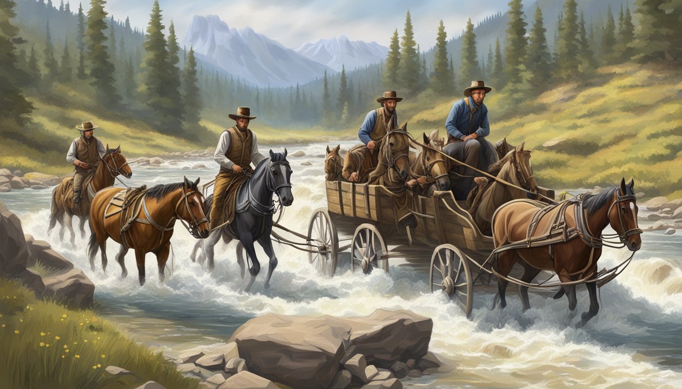 A rugged wagon traverses a treacherous river, pulled by a team of horses, as the pioneers navigate the dangerous crossing in "1883"