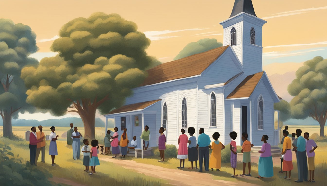 A group of African American families gather around a small, vibrant church in a rural post-Civil War setting, sharing stories and music, symbolizing resilience and community in the face of adversity