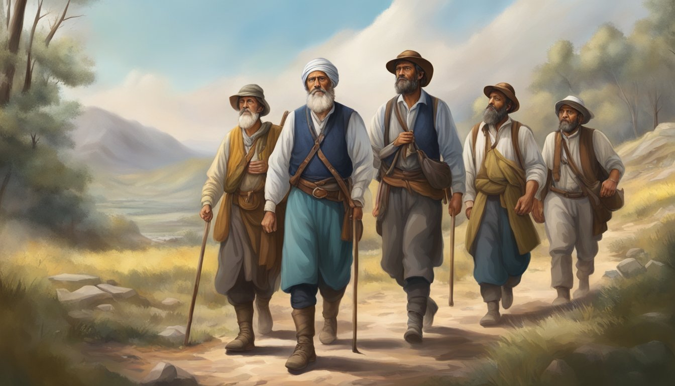 A group of settlers on the trail, suffering from various diseases, with a focus on accurately representing the cultural diversity and medical challenges of the time