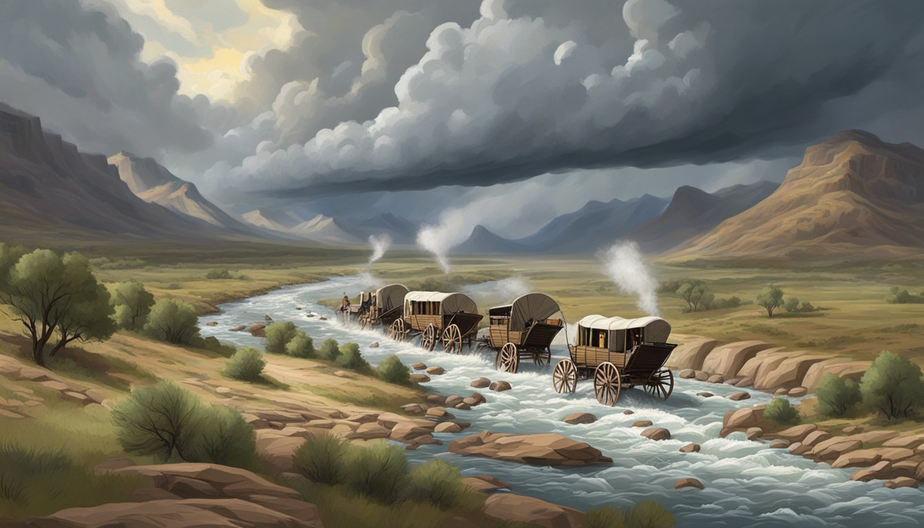 A group of covered wagons navigate a treacherous river crossing, surrounded by rugged terrain and a stormy sky in "1883"